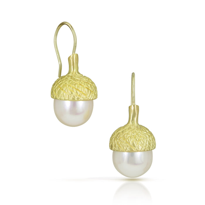 Acorn Earrings with South Sea Pearls in 18K Green Gold