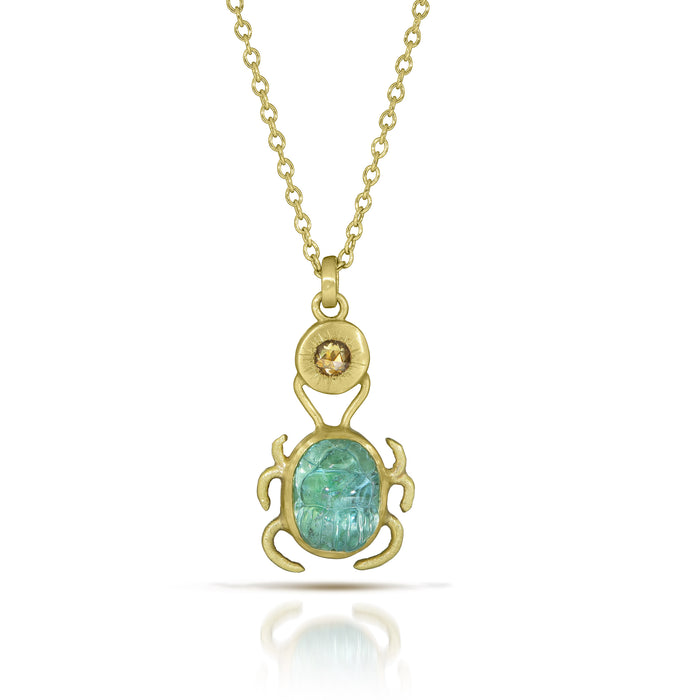 Paraiba Tourmaline Scarab with Diamond Sun Necklace in 18K Green Gold