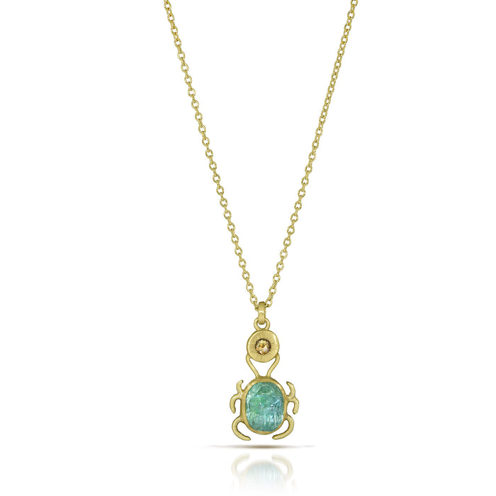 Paraiba Tourmaline Scarab with Diamond Sun Necklace in 18K Green Gold