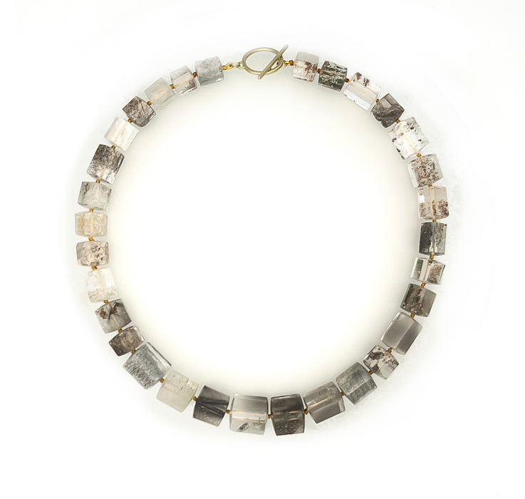 Lodolite Quartz Mirror Cut Crystal Necklace with 14K Green Gold Toggle Clasp