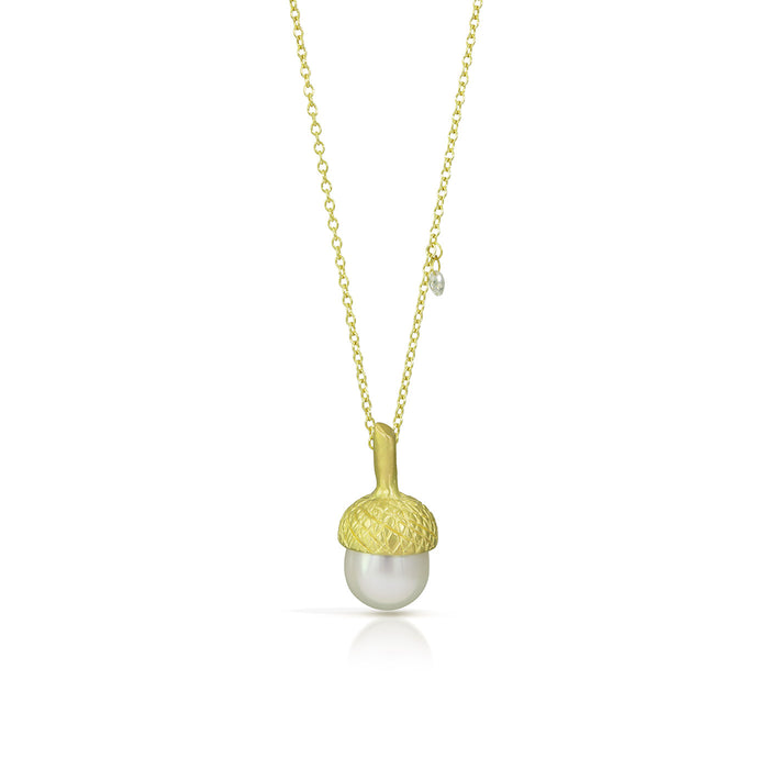 Acorn Necklace with South Sea Pearl with Diamond Briolette in 18K Green Gold