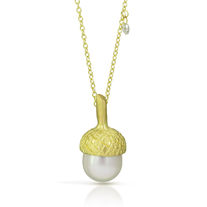 Acorn Necklace with South Sea Pearl with Diamond Briolette in 18K Green Gold