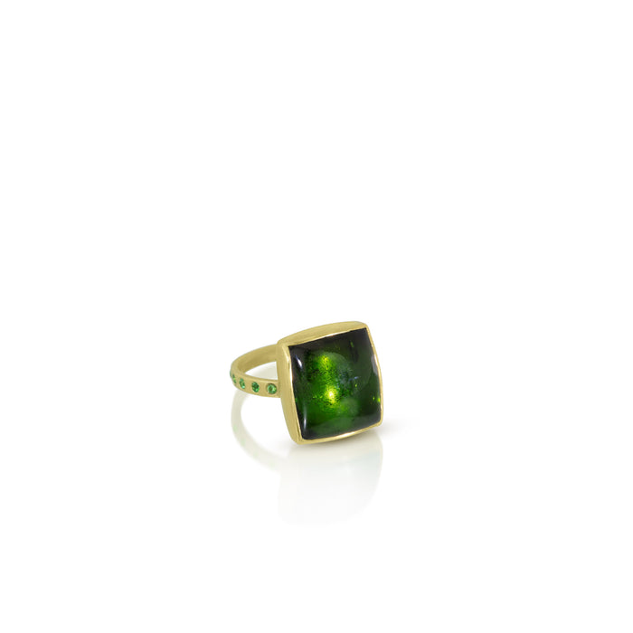 Green Tourmaline Cushion Cabochon Ring with Tsavorite Garnets in 18K and 14K Green Gold