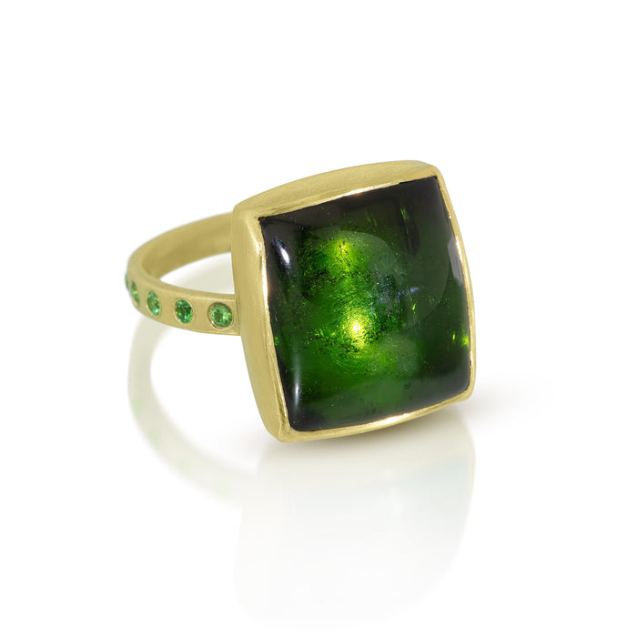 Green Tourmaline Cushion Cabochon Ring with Tsavorite Garnets in 18K and 14K Green Gold