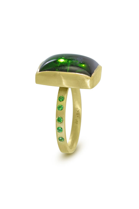 Green Tourmaline Cushion Cabochon Ring with Tsavorite Garnets in 18K and 14K Green Gold