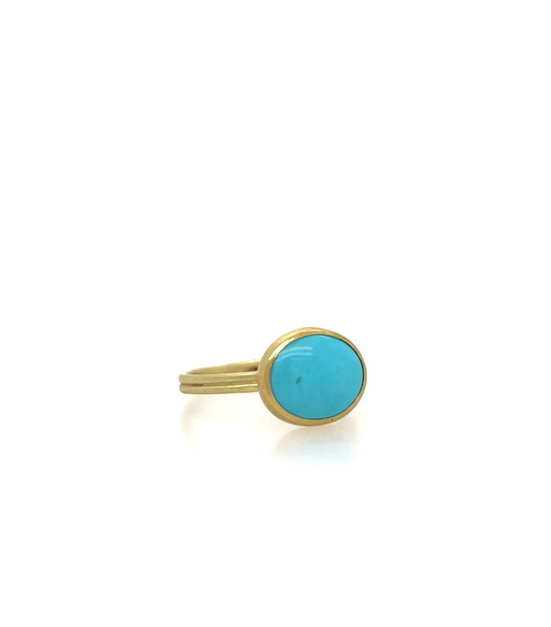 Turquoise Oval Cabochon Double Band Ring in 18K Green Gold