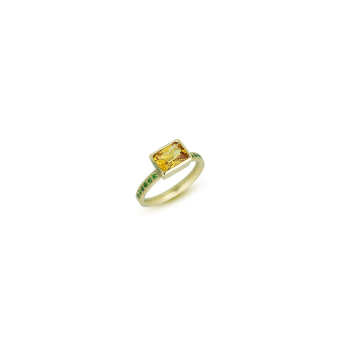 East-West Ring with Yellow Beryl and Tsavorite Garnet in 14K Green Gold