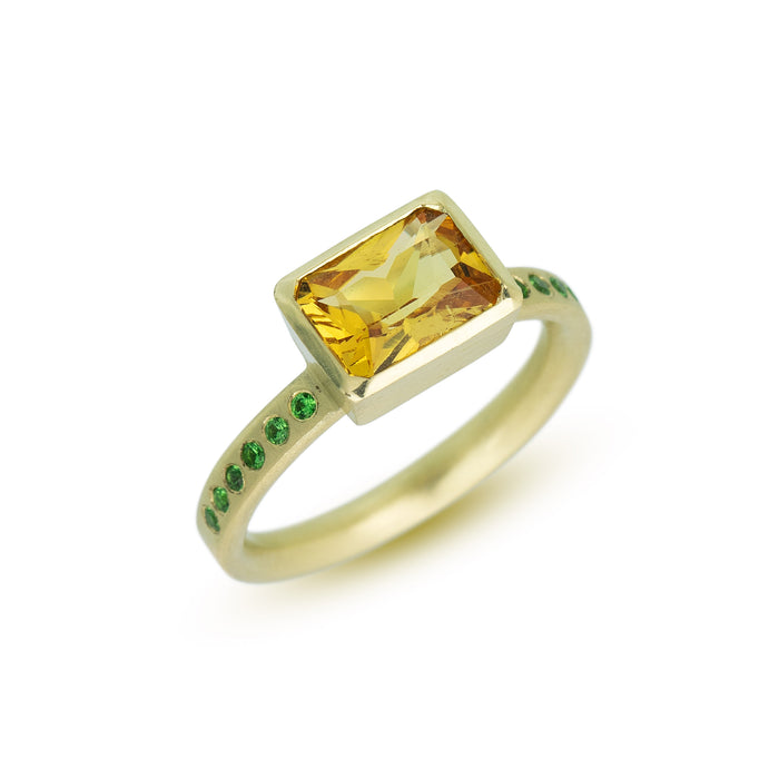 East-West Ring with Yellow Beryl and Tsavorite Garnet in 14K Green Gold