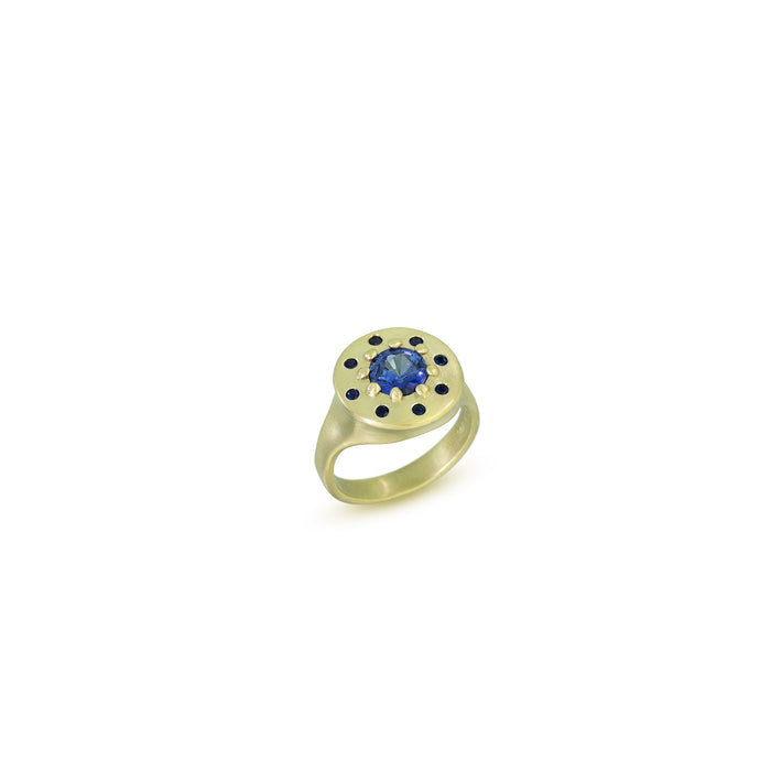 Halo Ring with Blue Sapphires in 14K Fairmined Green Gold