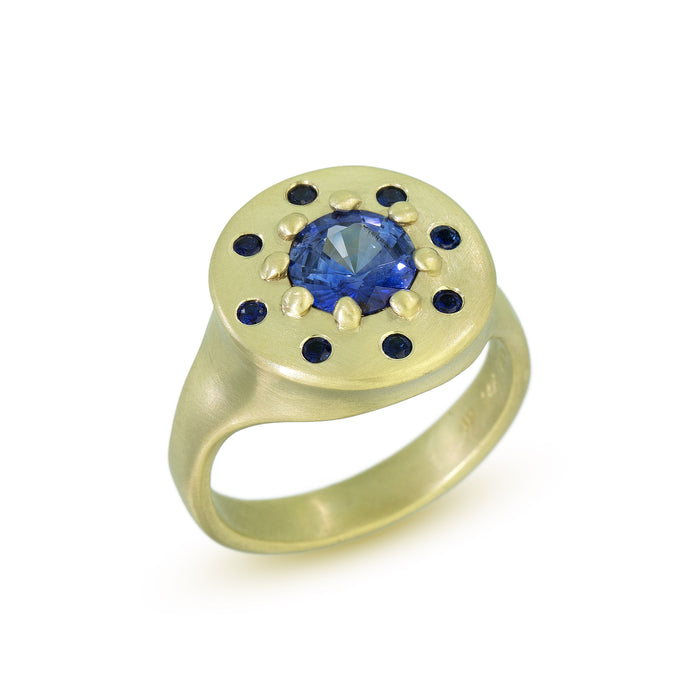 Halo Ring with Blue Sapphires in 14K Fairmined Green Gold