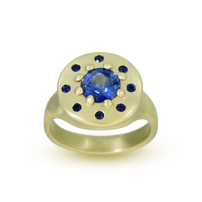 Halo Ring with Blue Sapphires in 14K Fairmined Green Gold