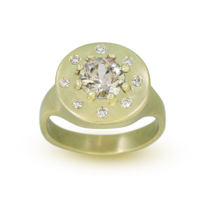 Halo Ring with Champagne Zircon and Diamonds in 14K Fairmined Green Gold