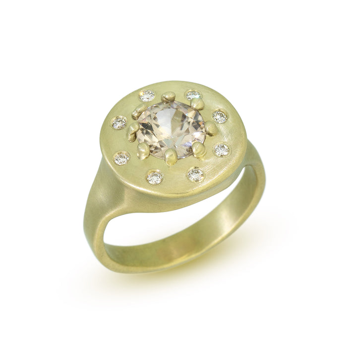 Halo Ring with Champagne Zircon and Diamonds in 14K Fairmined Green Gold