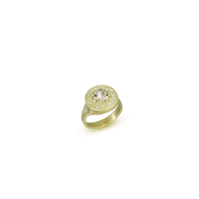 Halo Ring with Champagne Zircon and Diamonds in 14K Fairmined Green Gold